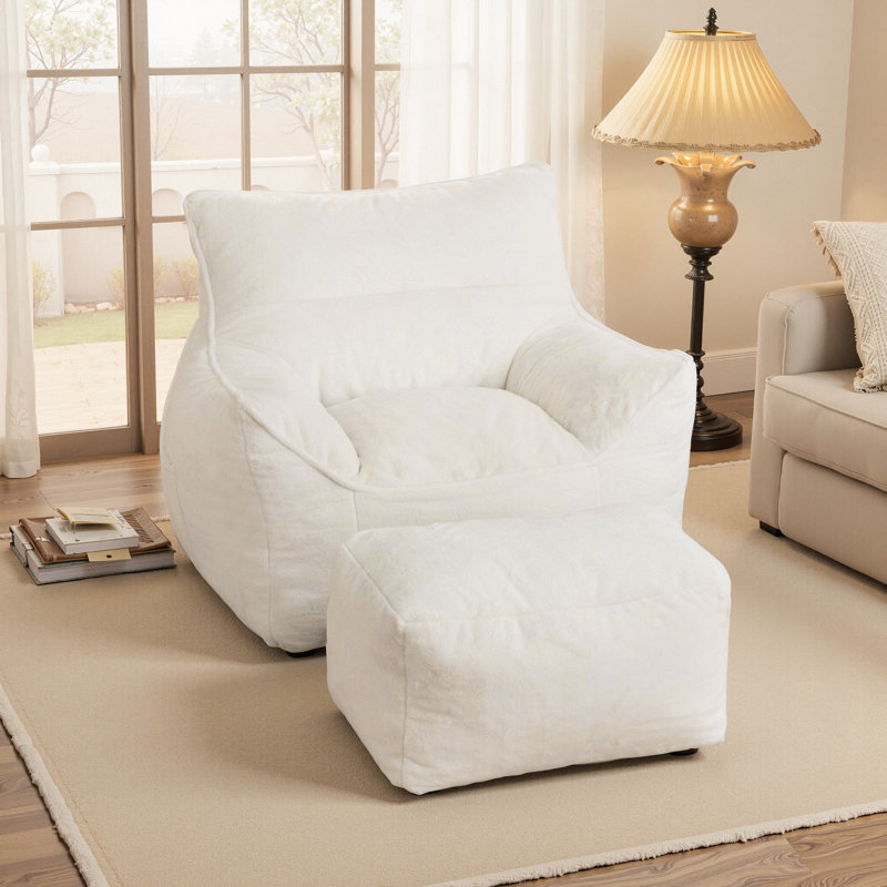 Compression Large Faux Fur Memory Foam Filled Bean Bag Chair For Adults And Kids, White Faux Fur