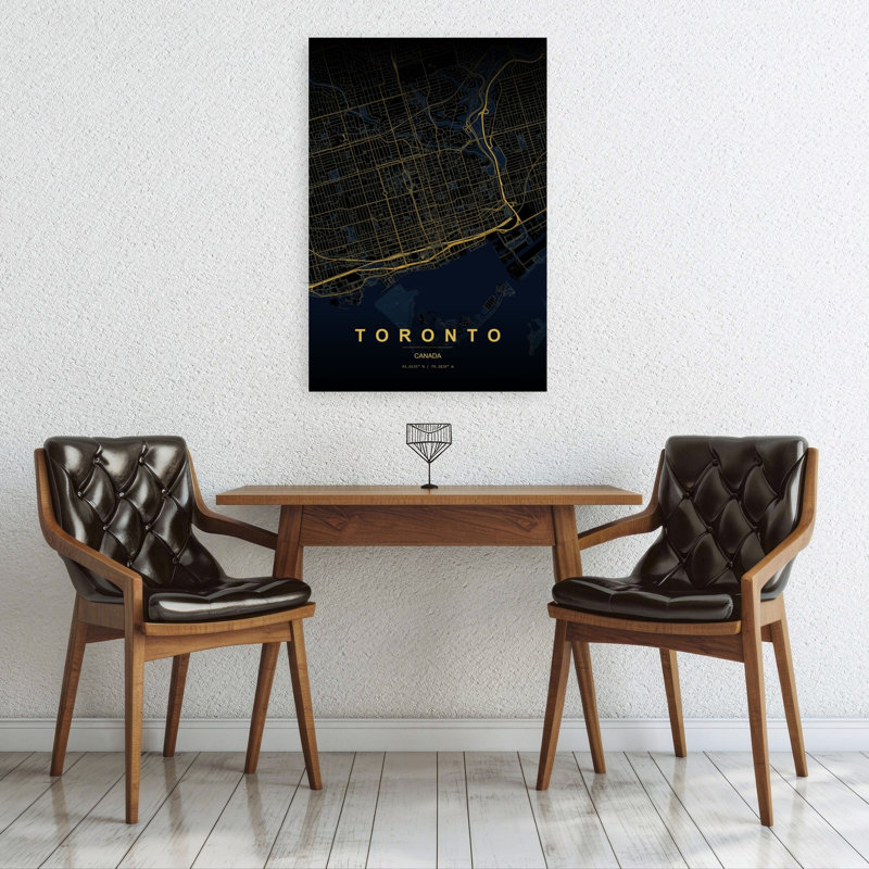 Golden Toronto City Map Minimalist Modern Abstract City Wall Art Print 1 Piece Wrapped Canvas Wall Art, 91.44cm H x 60.96cm W