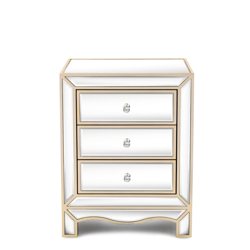 Commode 3 tiroirs Champagne Fait de verre épais. Idéal pour les salons, les chambres à coucher et les canapés. Résistance aux hautes températures, entretien facile. Comprend une poignée en cristal et un rail de guidage lisse.