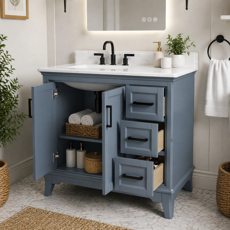 Free Standing Bathroom Vanity with Quartz Top, Matte Black, Steel Blue, 42"