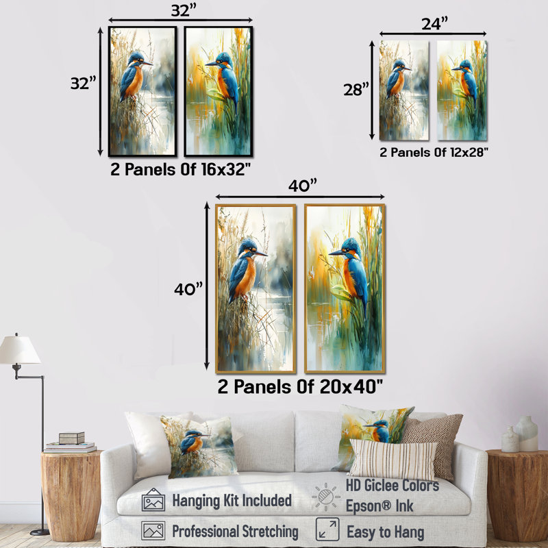 Art mural "Martin-pêcheur au bord du lac I" 2 pièces, H 32 po x l 33 po, Toile tendue