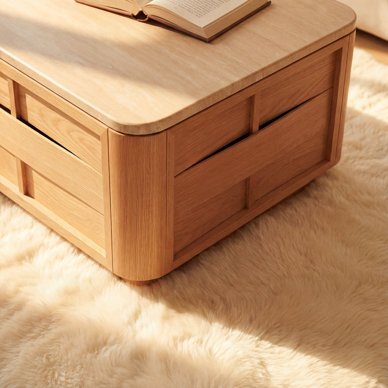 Table basse rectangulaire en chêne naturel avec plateau en travertin 60 po Hearth, Naturel