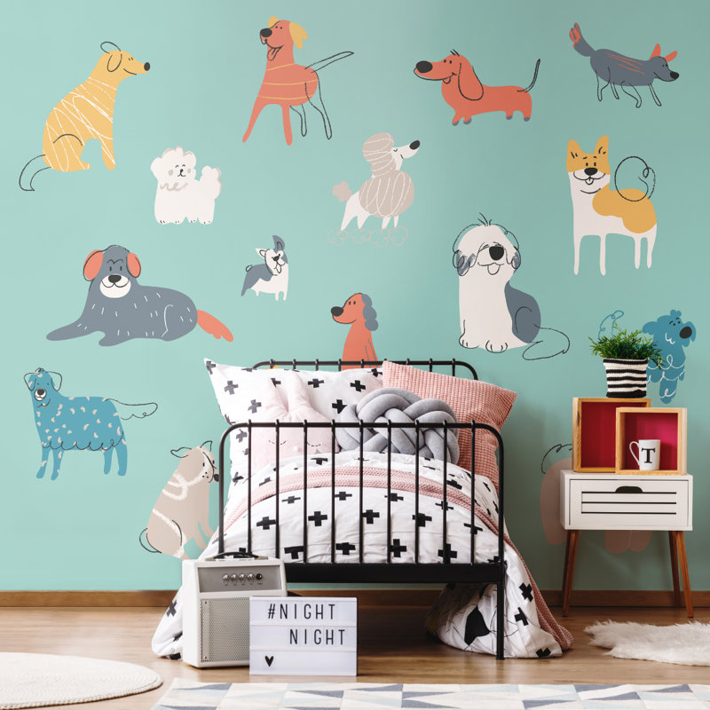 Happy Dogs - Wall Mural, 280cm L x 350cm W , Teal Blue