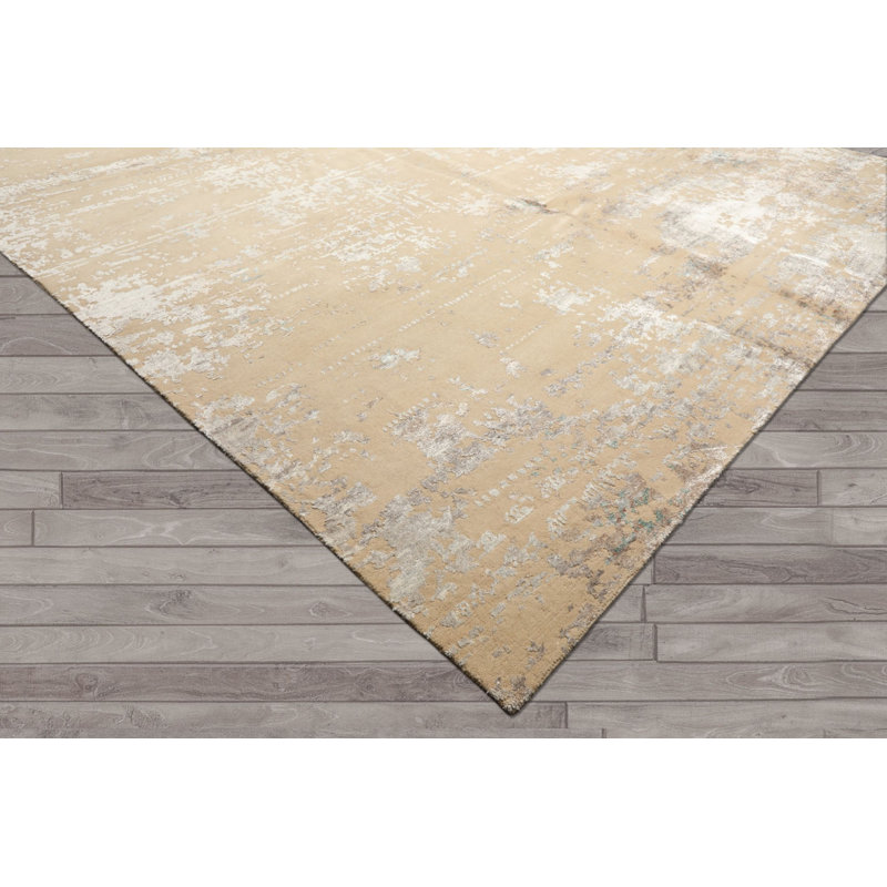 Tapis tibétain moderne ivoire et argent en laine, bambou et soie, noué à la main, 2,44 m x 3,02 m