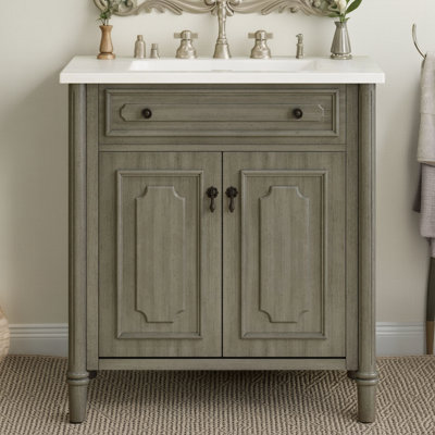 Retro-style 31-inch Bathroom Vanity (with Sink) With Soft-close Door + Adjustable Shelves, Curved Design With Rubber Wood Legs, Gray Rustic And Durable