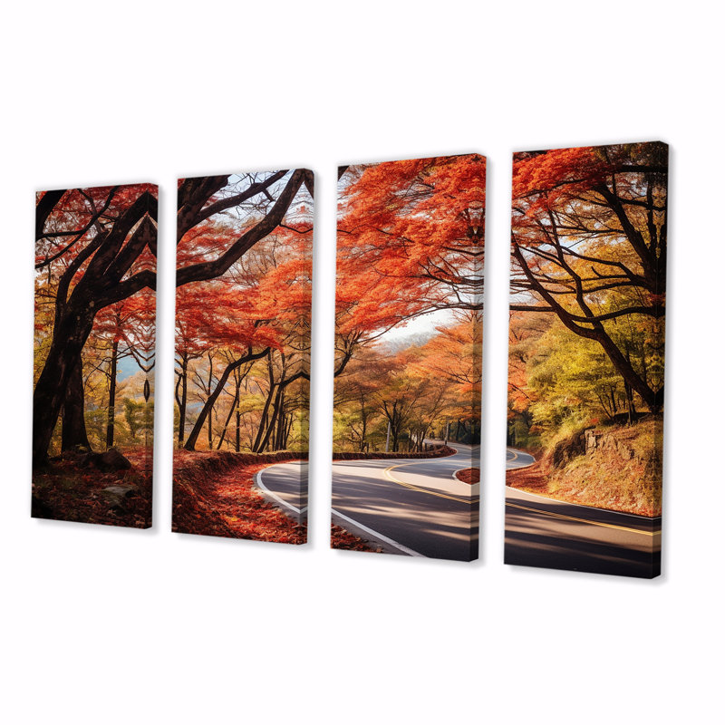 «Crimson Autumn Pathway Road II», ensemble d'art mural 4 pièces route, H 28 po x l 48 po