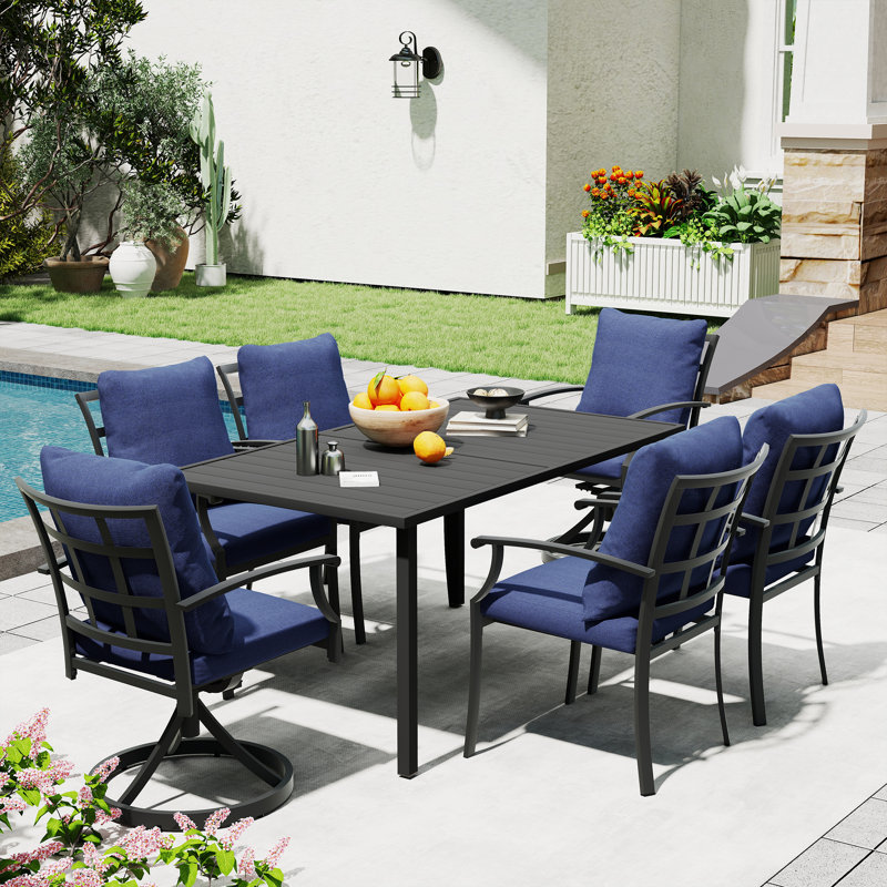 Maynard 7-Piece Black Metal Patio Dining Set With Rectangular Table, 2 Swivel Dining Chairs And Blue Cushions, Blue