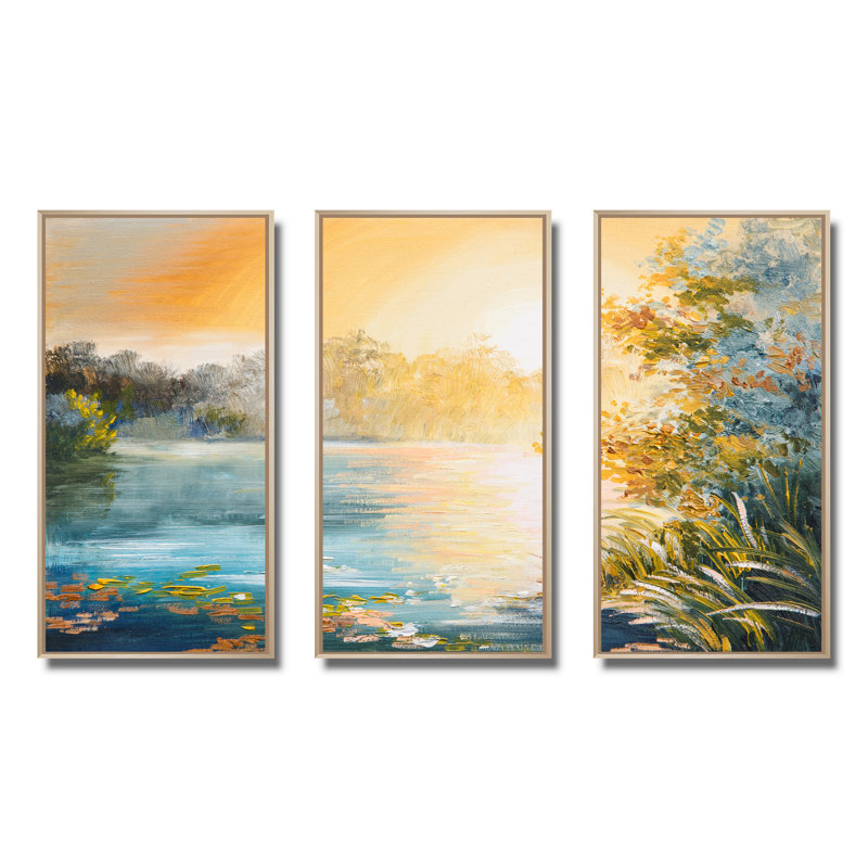 Coucher de soleil sur le lac - ensemble de 3 toiles encadrées, H 28 po x l 36 po, Brun