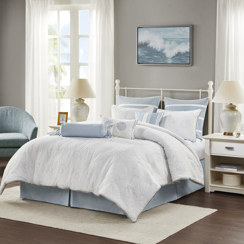 Édredon blanc grand, 100% coton avec matelassage bleu, comprend un édredon, une jupe de lit et 2 taies décoratives de style bord de mer
