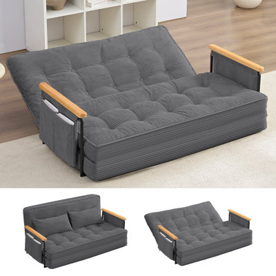 2-in-1 Convertible Loveseat Recliner with Wooden Arms & Side Pockets