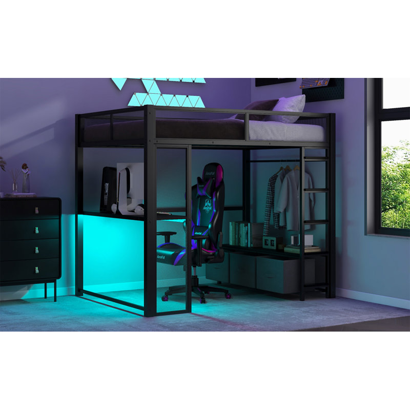 Lit mezzanine en métal avec DEL, Noir
