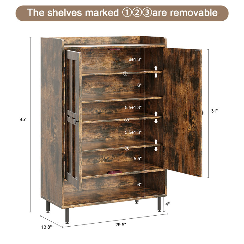 6-Tier 24 Pairs Shoe Cabinet With Doors And Adjustable Shelves For Entryway, Rustic Brown