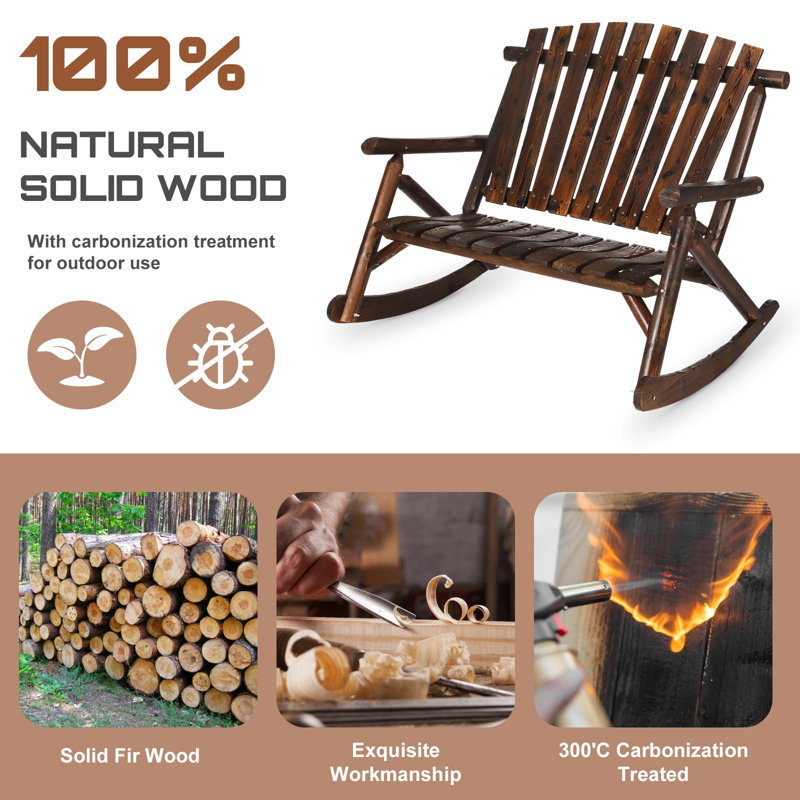 Rustic Carbonized Wood 2-Person Outdoor Rocking Bench