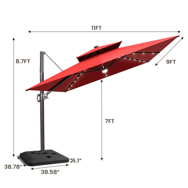 Parasol extérieur rectangulaire en porte-à-faux à DEL 129 po x 105 po, poids comptoir inclus, Rouge