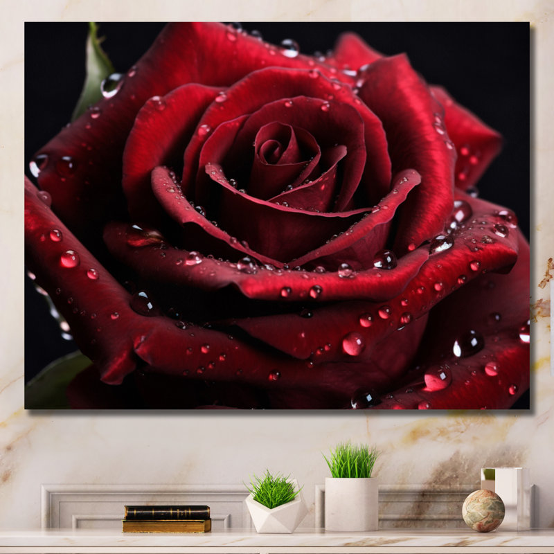 «Red Rose with Raindrops II», reproduction sur toile encadrée, H 24 po x l 32 po x P 1 po, Toile tendue