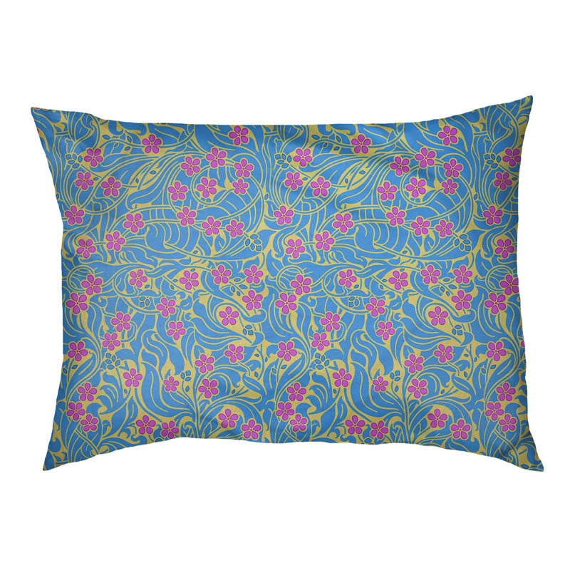 Coussin stylisé à motif floral tourbillony Byrge, l 42,5 po x L 32,5 po, Jaune/Bleu/Mauve