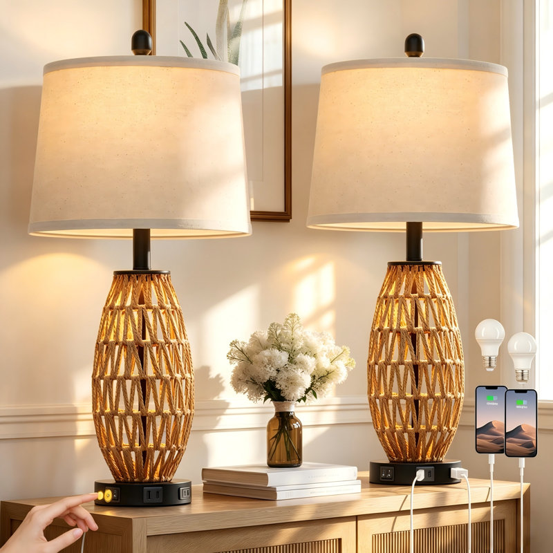 27" Rattan Table Lamps with Night Light & USB/Type-C Ports, LED Bulbs Included, Black/Brown