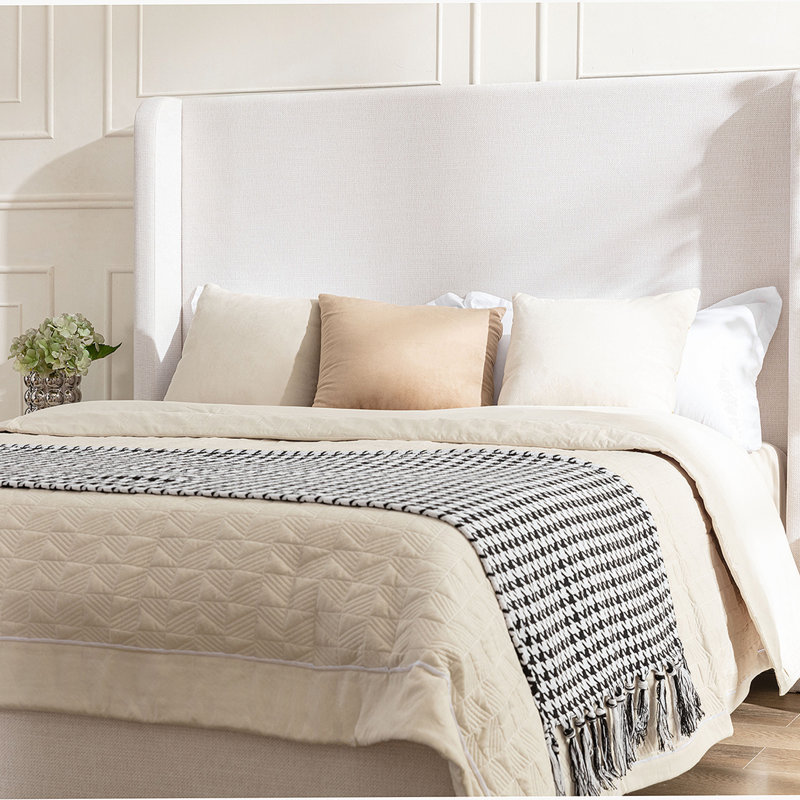 Albree Hoppe Modern Upholstered Platform Bed With Wingback Headboard, Queen, Ivory Boucle