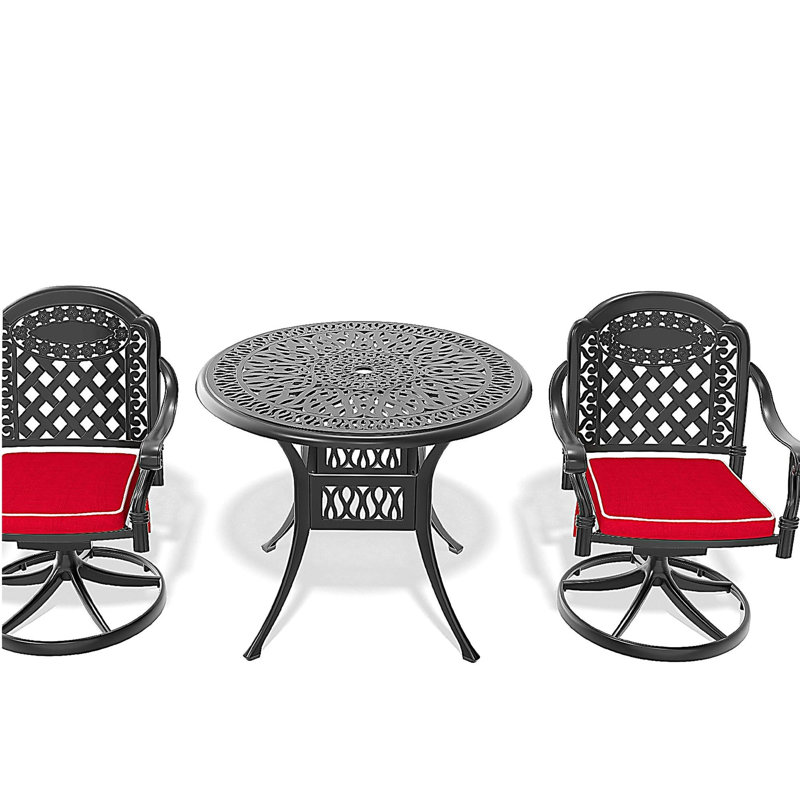 Ensemble de salle à manger 3 pièces en aluminium coulé toutes saisons comprenant 2 chaises pivotantes et une table ronde de 35,43 po avec structure noire