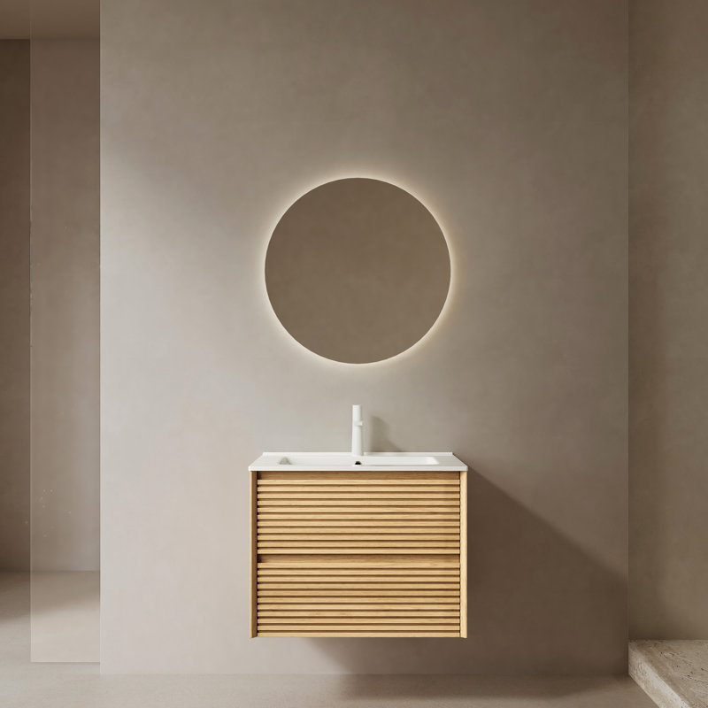 Meuble-lavabo de salle de bain, armoire en contreplaqué de 24 po avec lavabo, lavabo en céramique blanche, teinte chêne, tiroirs, lavabo à installation facile, contreplaqué, lueur, procédure d'assemblage simple