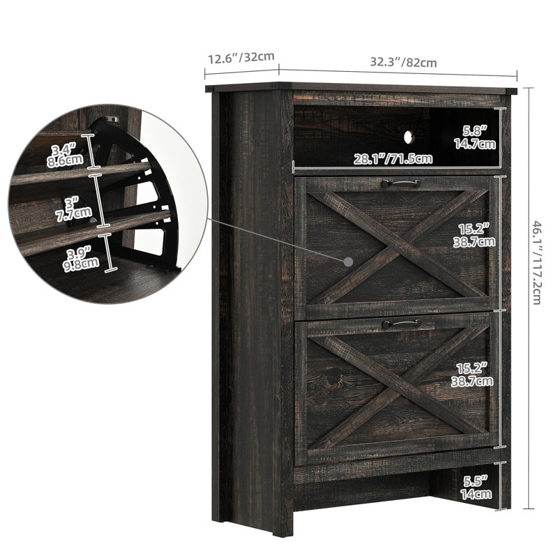 Versus Wood Tilt Out Open 24 Pair Shoe Storage Cabinet with Colorful LED Light, Charcoal Black