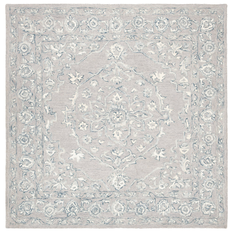 Tapis oriental gris clair / ivoire en laine tissé à la main Crewellwalk, Carré 7 pi