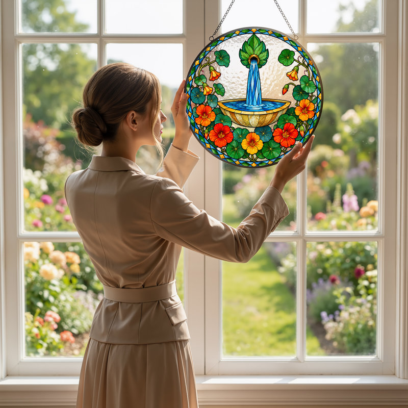 Art mural sur toile, fontaine et fleurs de capucine orange, H 7,8 po