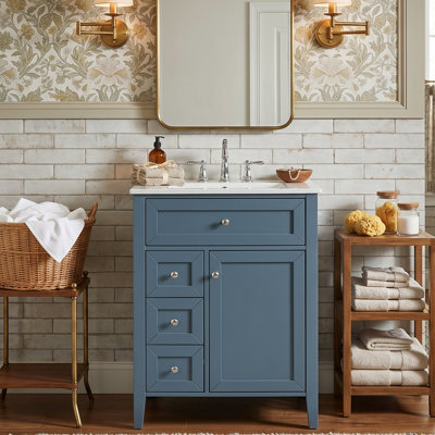 24" Modern Freestanding Bathroom Vanity with Integrated Ceramic Sink Top, Solid Wood Legs Single Vanity Storage Cabinet with 1 Tip-Out Drawer, 2 Soft-Close Drawers, Cabinet Door & Built-In Storage Rack(Available in Blue Gray & Green)