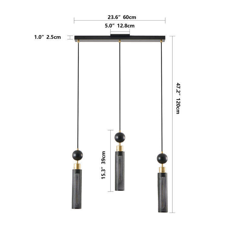 Lustre suspendu moderne 3 lumières noir et or