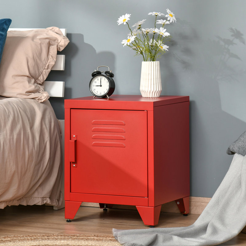 Table industrielle rouge avec tablette réglable et porte de casier, pour porte de bureau