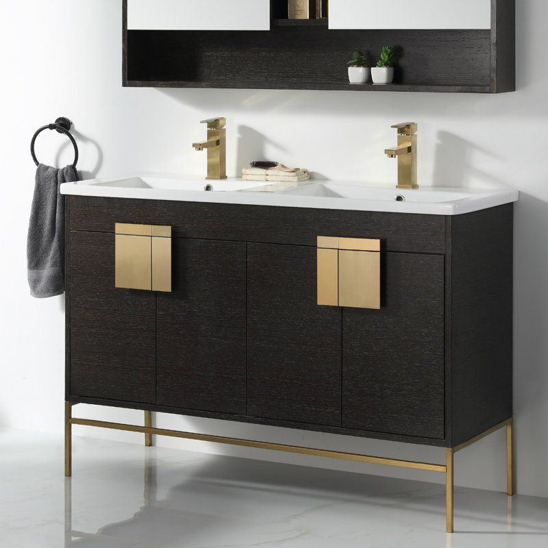 Ensemble de meuble-lavabo double 48 po Tortola, Laiton satiné, Chêne noir à grain droit