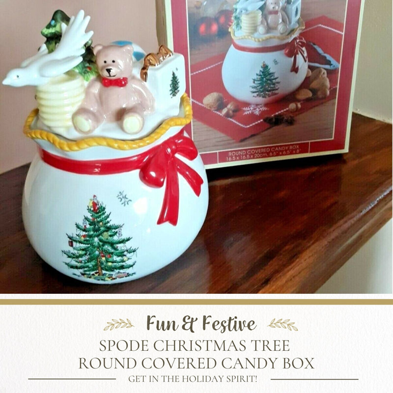 Spode Christmas Tree Candy Bowl with Lid, 8" Fine Earthenware Holiday Treat Storage Jar, Covered Box with Teddy Bear & Tree Motif, Holiday Serveware - Great for Festive Decor & Gifting