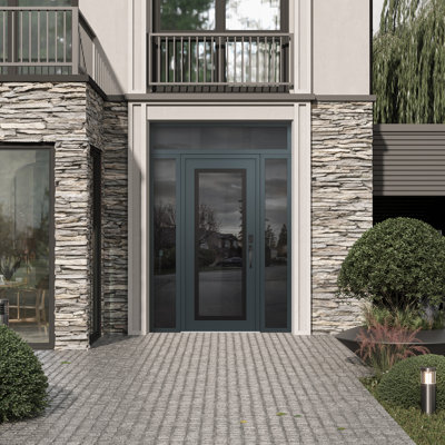Panneau d'entrée en acier noir anthracite / anthracite avec panneau latéral et porte d'entrée pré-montée traverse