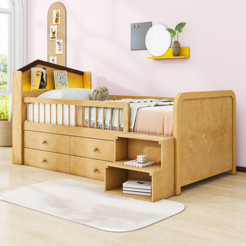Twin Size Wood Bed with Storage Drawers and House Shape Design, Natural