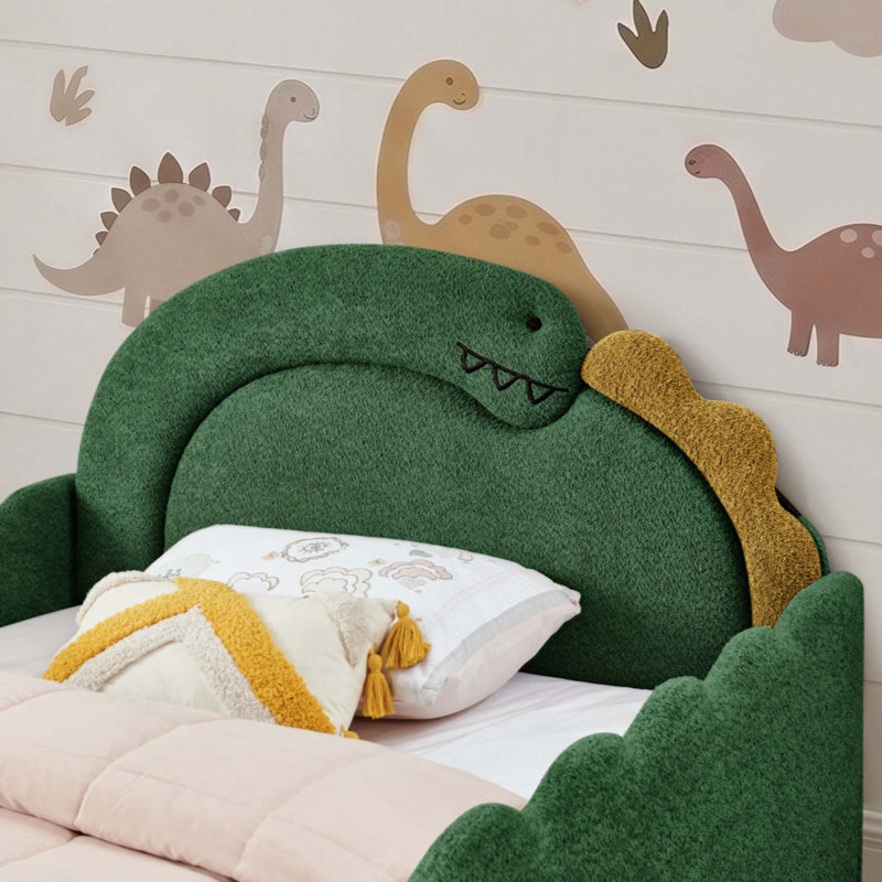 Lit mignon en forme de dinosaure avec barrière de sécurité, cadre de lit en bois massif pour chambre à coucher, tissu bouclé