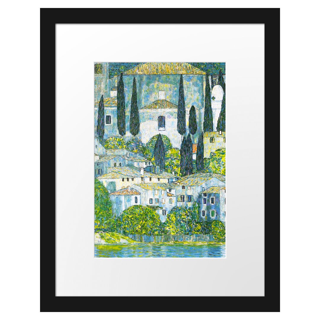 Glasbild Gustav Klimt - Kirche in Cassone Landschaft mit Zypressen