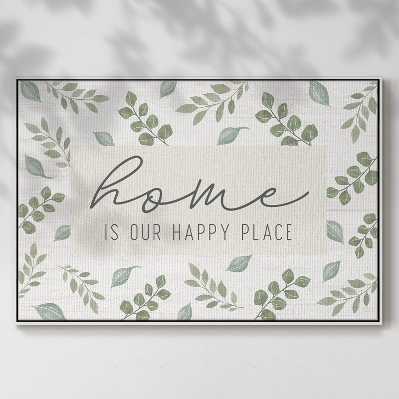 "Home is our happy place", art textuel sur toile, H 27 po x l 41 po x P 2 po, Blanc