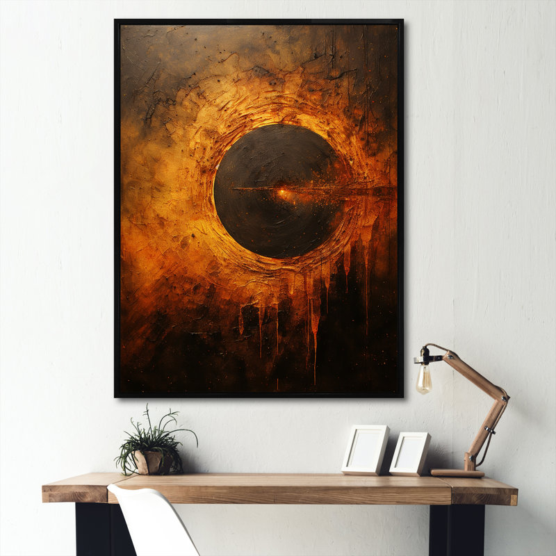Système solaire bronze à trou noir sur toile, H 44 po x l 34 po x P 1,5 po, Cadre flottant noir