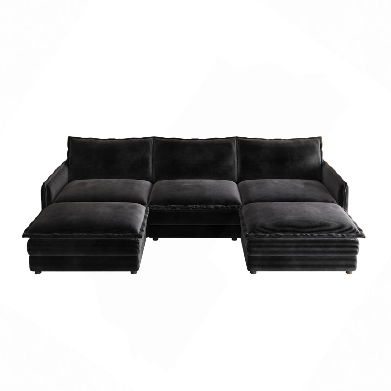 Allan U-Shaped Sectional Sofa with Movable Ottomans, Black Corduroy