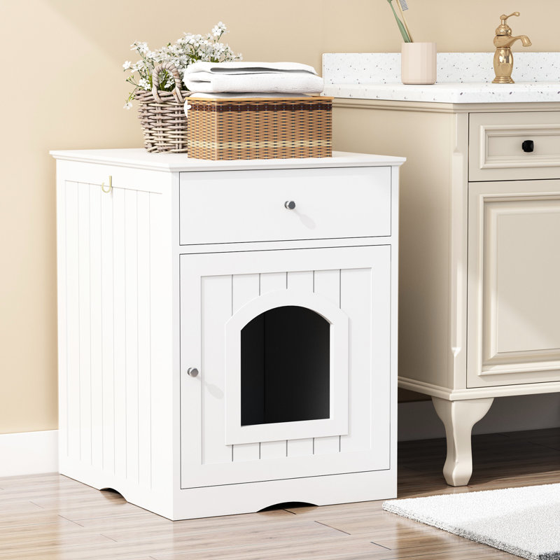 Enceinte de litière en bois pour chat avec table d'appoint et tiroir pour l'intérieur, Blanc