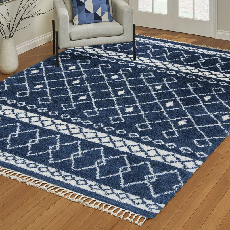 Tapis à poil long bleu marine / ivoire Limmet Calumet, Rectangulaire 9 pi 6 po x 13 pi 1 po
