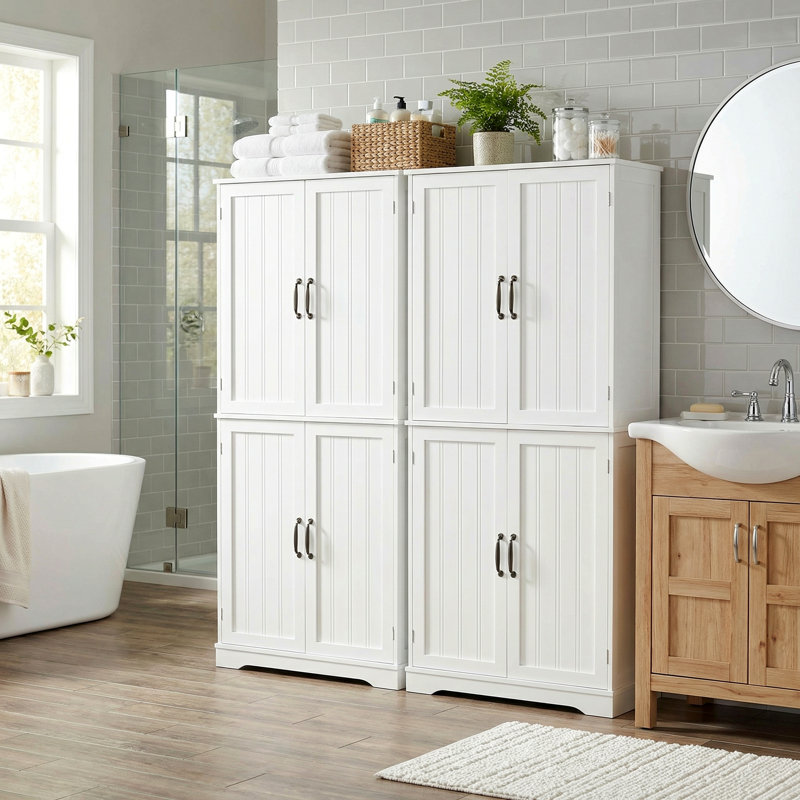 Ensemble de rangement pour salle de bain deux pièces - Armoire en panneau de fibres à densité moyenne de 71 po de hauteur avec finition blanche élégante et poignées noires