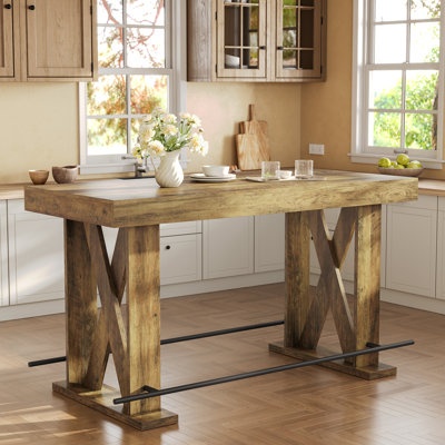 Counter Height Bar Table, 63-Inch Wooden Pub Table With Metal Footrest For Dining Kitchen Breakfast by Gracie Oaks