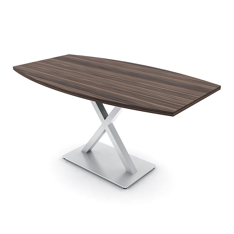Table de conférence en forme de bateau avec base en X en métal, L 72 po x l 36 po, Eucalyptus naturel, Argent argent