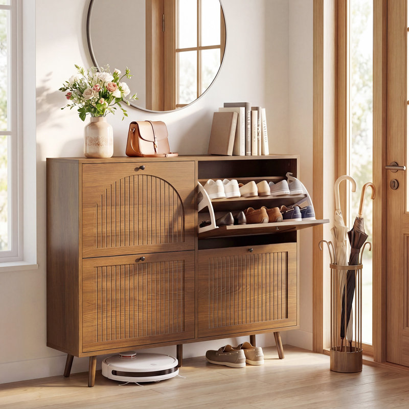 Shoe Storage Cabinet with 4 Flip Drawers, Fluted Panel Wooden Shoe Rack Organizer with Adjustable Shelves for Entryway, Hallway, Living Room, Walnut