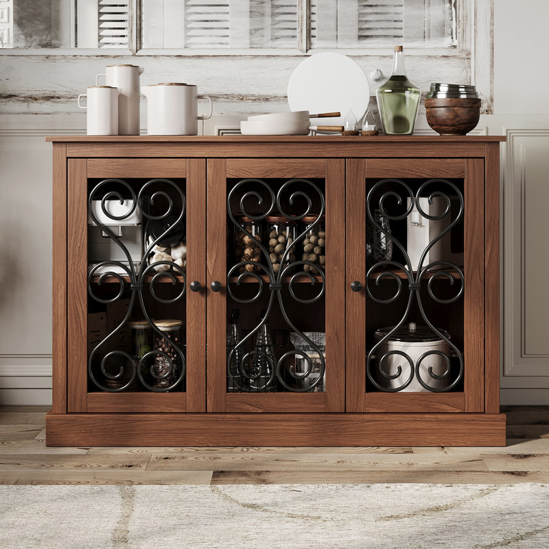 Buffet, l 46,5 po x P 11,75 po x H 31,25 po, 1 pièce, buffet, noyer, avec 3 portes décoratives en métal