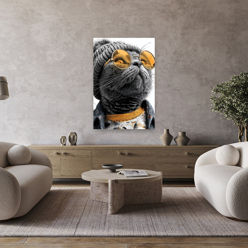 Chat rétro avec lunettes de soleil, art mural urbain rétro, H 48 po x l 32 po
