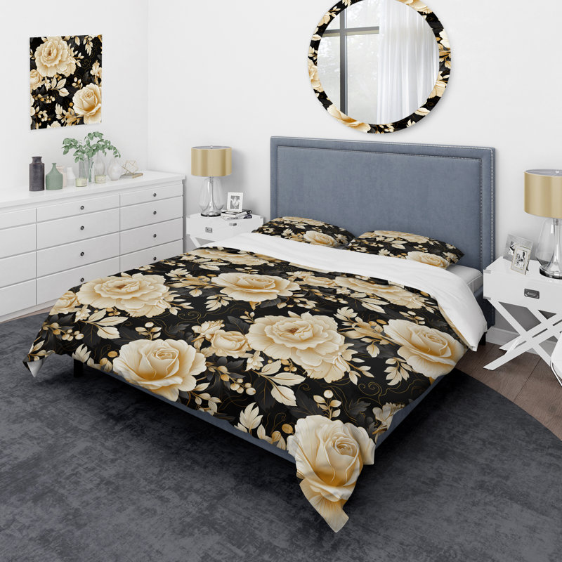 Elegant Beige Rose Harmony I Floral Duvet Cover, King Duvet Cover + 2 King Shams