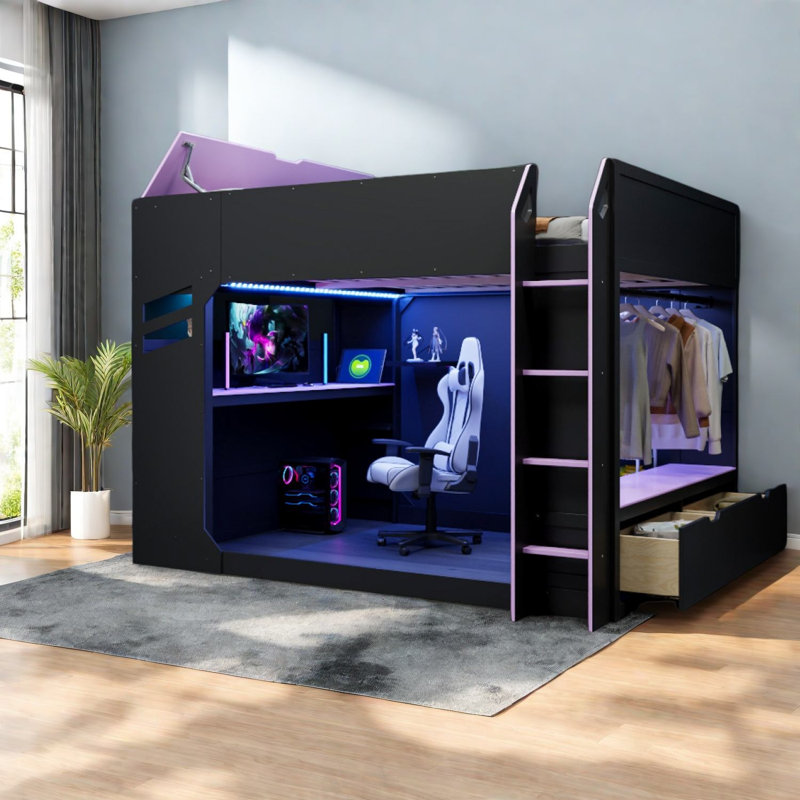 Lit mezzanine avec rangement, lit de jeu moderne en bois aggloméré pour maison compacte