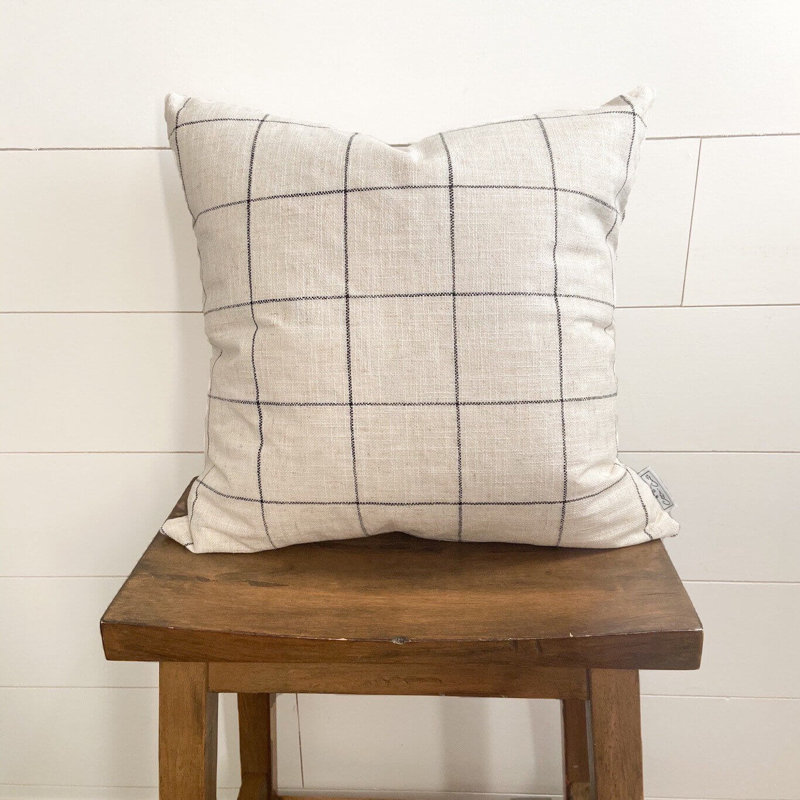  White Window Pane with Black Grid Woven Cotton Pillow Cover